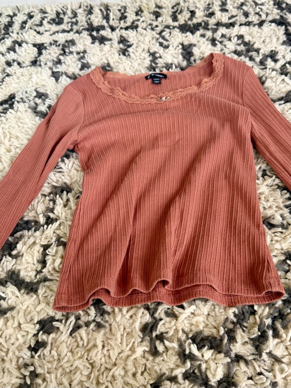 art class Rust Ribbed Lace-Trim Long Sleeve Tee